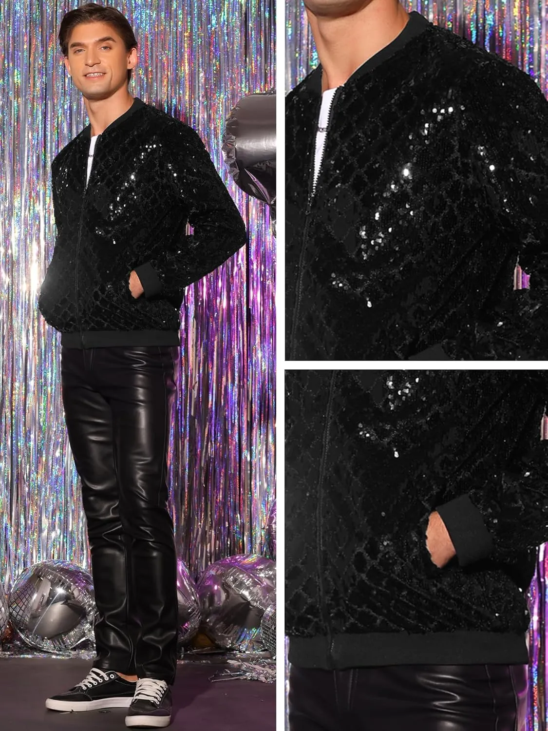 Lars Amadeus Argyle Sequin Bomber Jacket for Men's Party Club Shiny Baseball Varsity Jacket