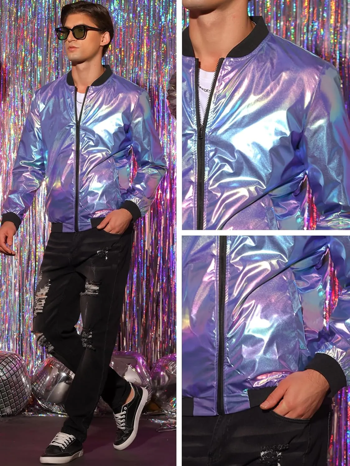 Lars Amadeus Holographic Baseball Jacket for Men's Zipper Disco Bomber Metallic Jacket