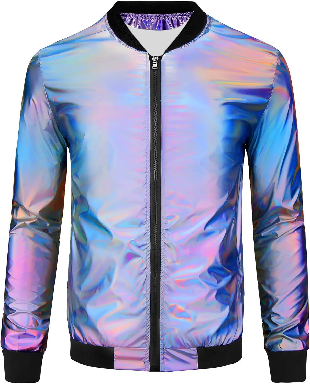 Lars Amadeus Holographic Baseball Jacket for Men's Zipper Disco Bomber Metallic Jacket