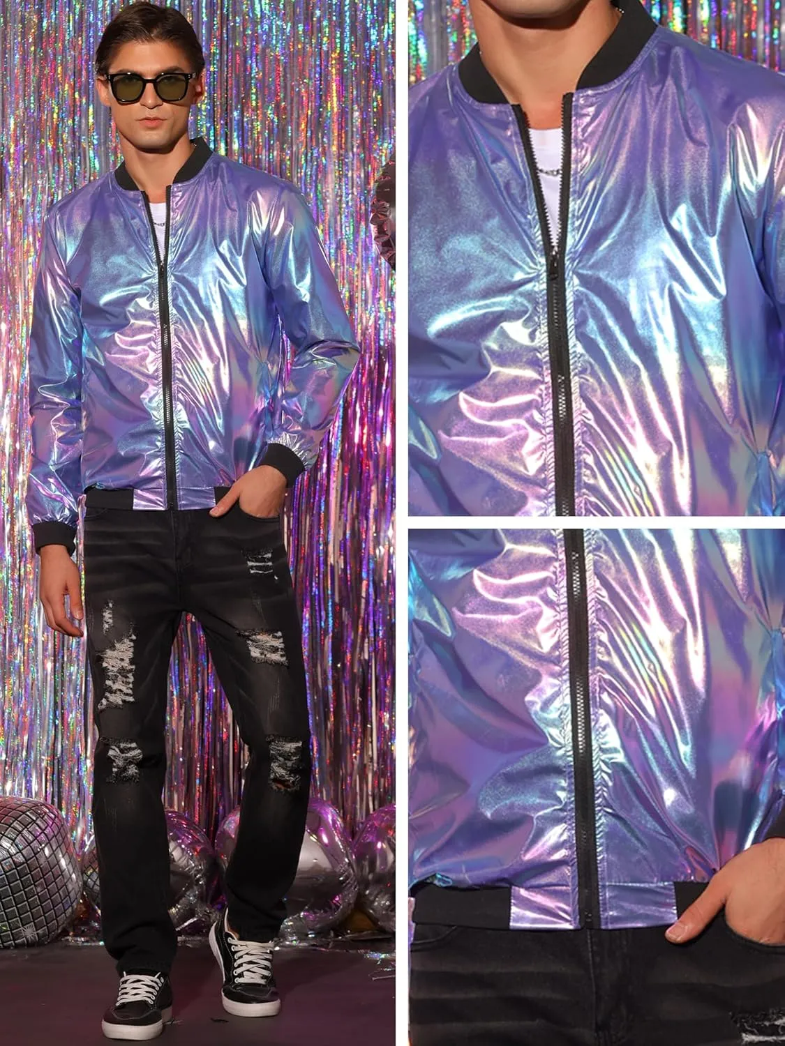 Lars Amadeus Holographic Baseball Jacket for Men's Zipper Disco Bomber Metallic Jacket