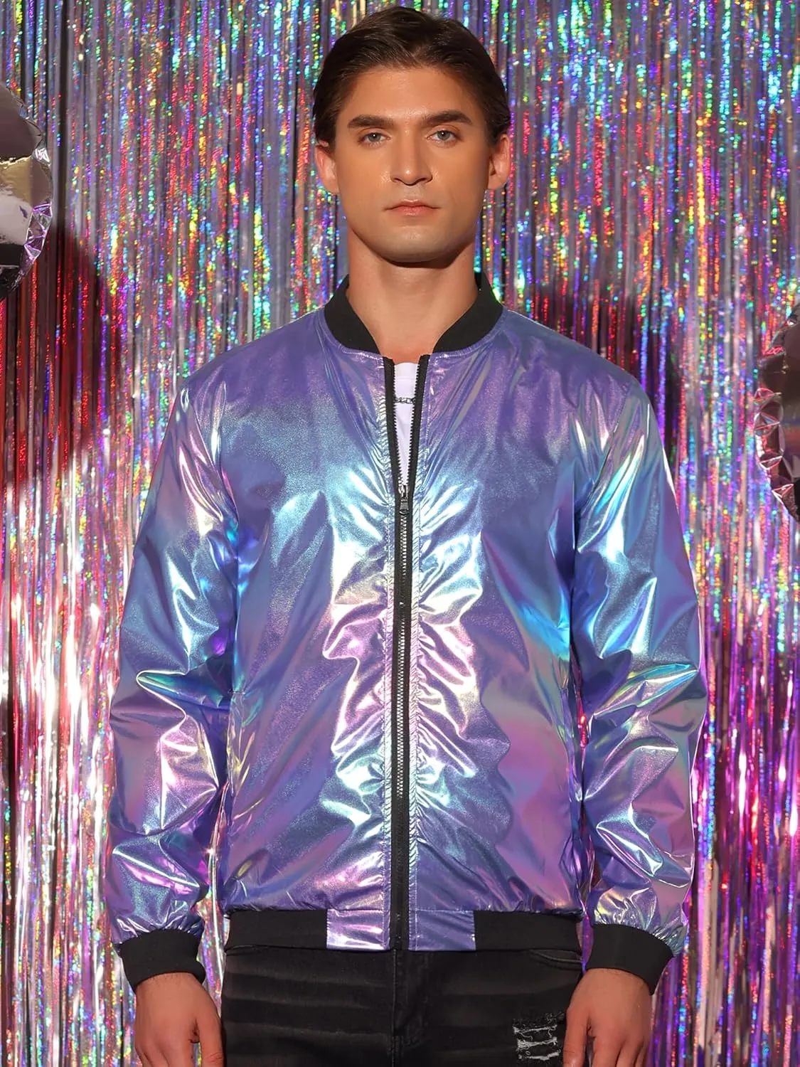 Lars Amadeus Holographic Baseball Jacket for Men's Zipper Disco Bomber Metallic Jacket