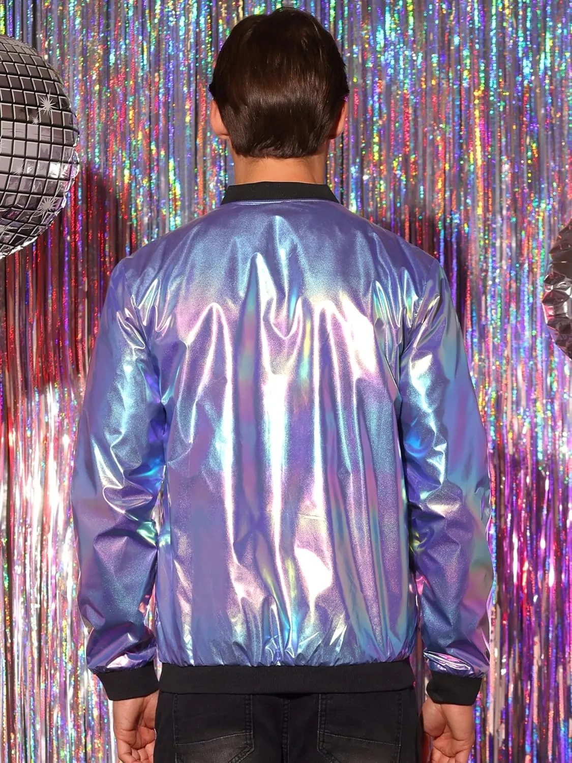 Lars Amadeus Holographic Baseball Jacket for Men's Zipper Disco Bomber Metallic Jacket
