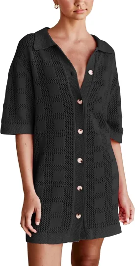 Lumister Lightweight Knit Dress Crochet Button Cover Up Bathing Suit Swimwear Knit Beach Summer Dress for Women