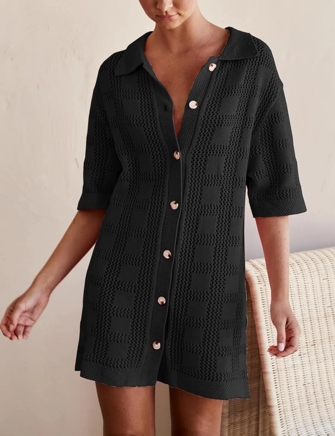 Lumister Lightweight Knit Dress Crochet Button Cover Up Bathing Suit Swimwear Knit Beach Summer Dress for Women
