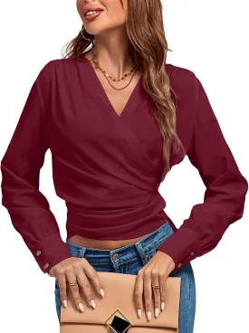 LYANER Women's Wrap V Neck Long Sleeve Tie Back Ruched Crop Top Blouse Shirt