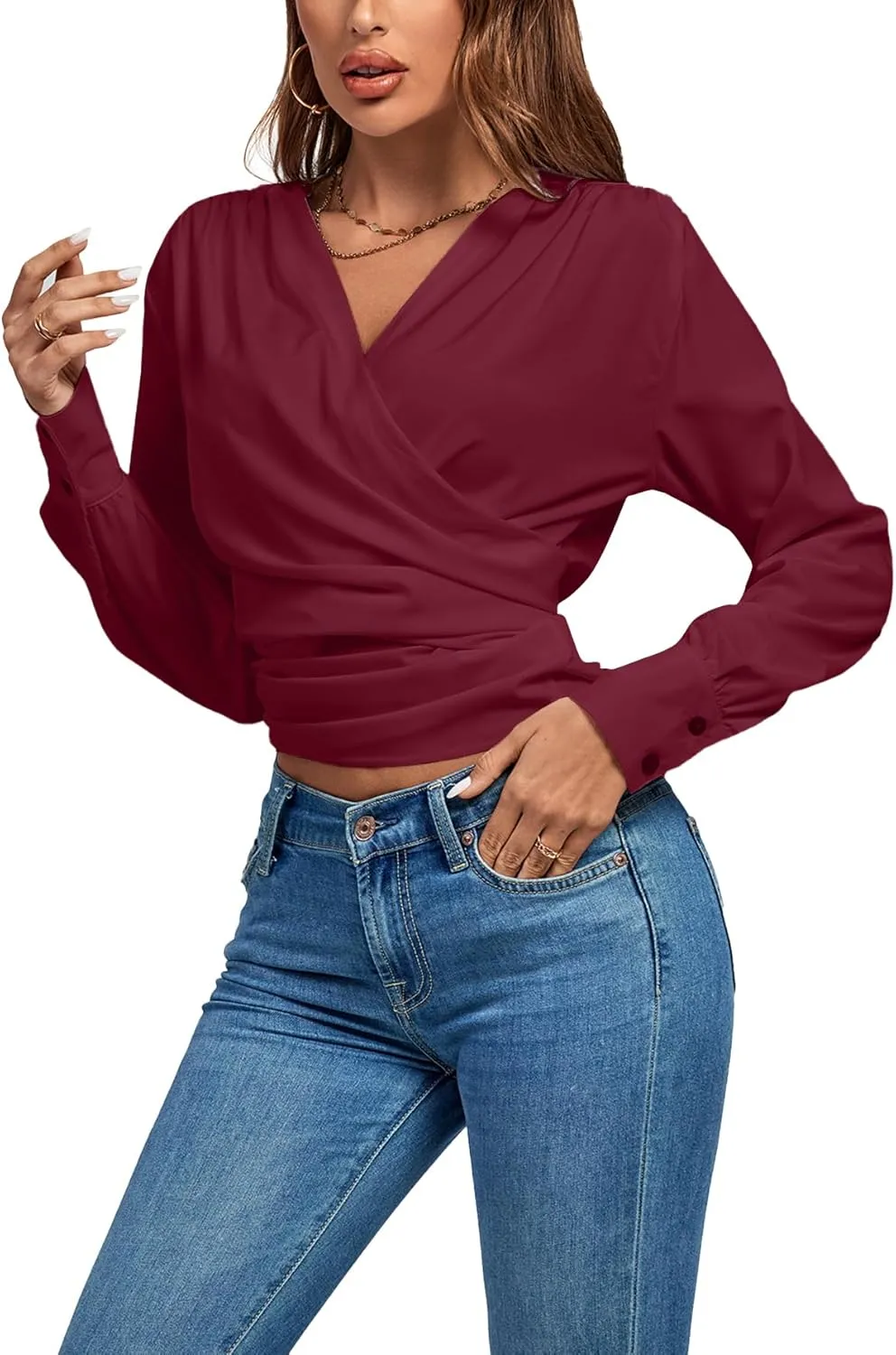 LYANER Women's Wrap V Neck Long Sleeve Tie Back Ruched Crop Top Blouse Shirt