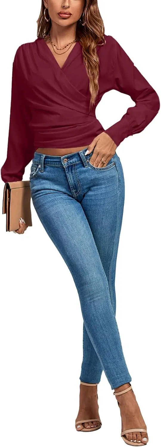 LYANER Women's Wrap V Neck Long Sleeve Tie Back Ruched Crop Top Blouse Shirt