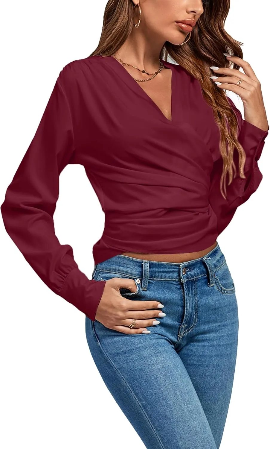 LYANER Women's Wrap V Neck Long Sleeve Tie Back Ruched Crop Top Blouse Shirt