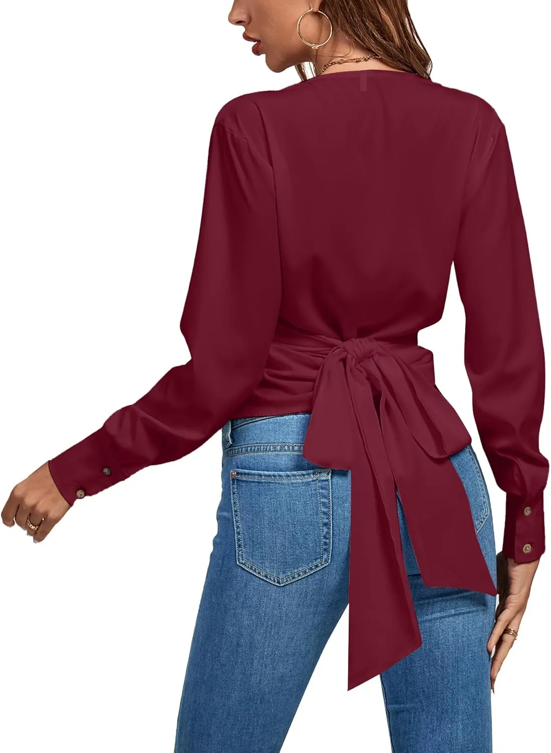 LYANER Women's Wrap V Neck Long Sleeve Tie Back Ruched Crop Top Blouse Shirt
