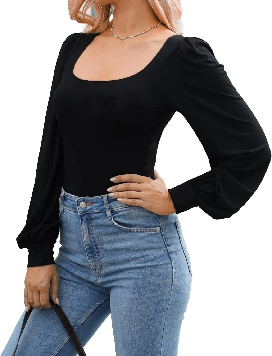 MANGOPOP Square Neck Puff Sleeve Bodysuit Loose Lantern Long Sleeve Body Suit for Women for Going Out