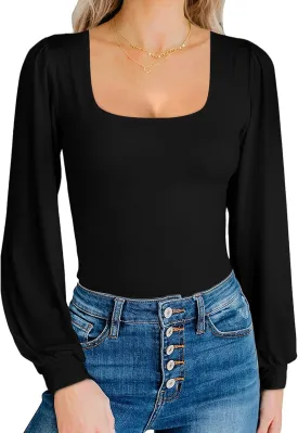 MANGOPOP Square Neck Puff Sleeve Bodysuit Loose Lantern Long Sleeve Body Suit for Women for Going Out
