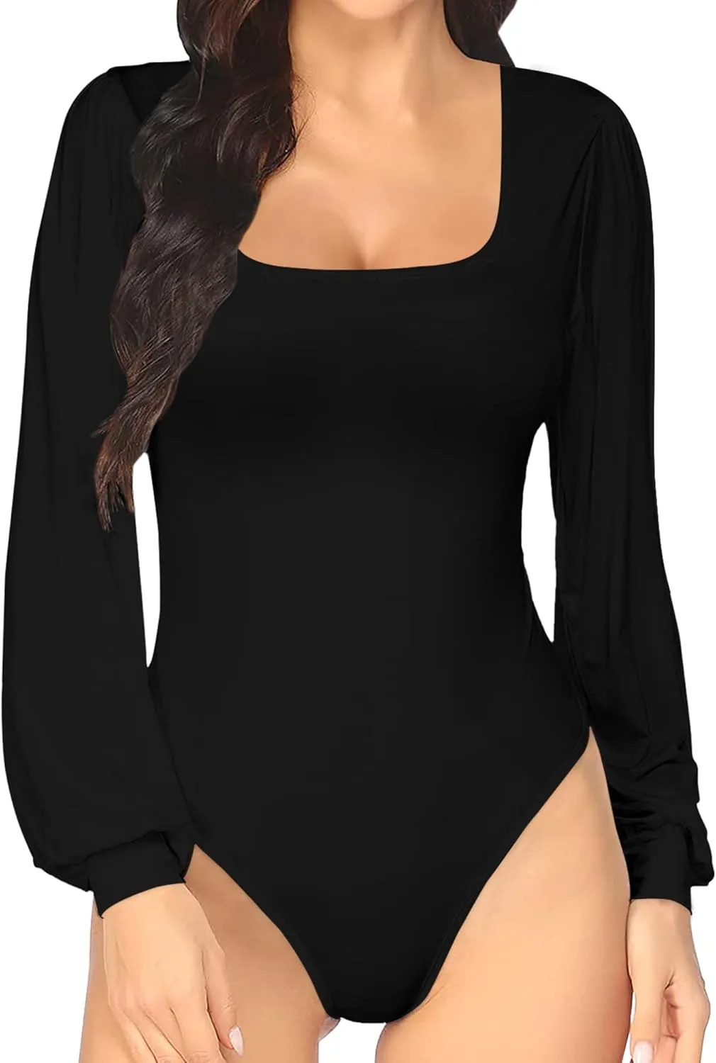 MANGOPOP Square Neck Puff Sleeve Bodysuit Loose Lantern Long Sleeve Body Suit for Women for Going Out