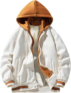 Men's Casual Varsity Jacket Hooded Vintage Lightweight Bomber Jackets Baseball Flight Hood Coat Windbreaker