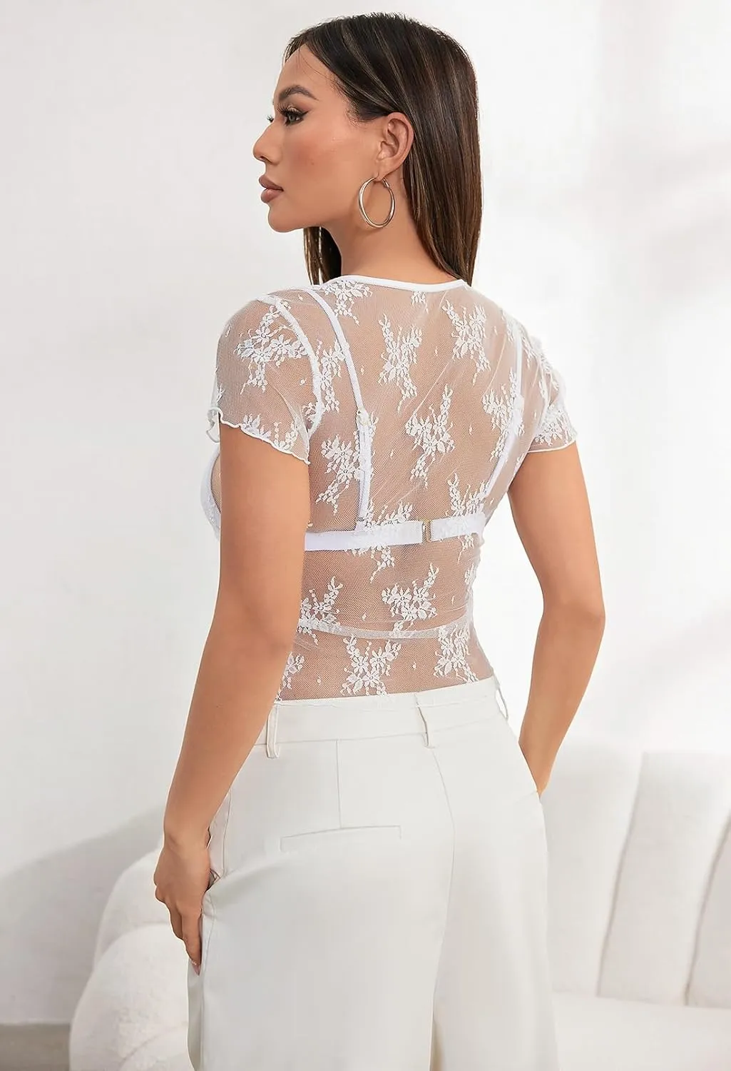 MEROKEETY 2025 Women's Mesh Sheer Lace Crop Top See Through Cap Sleeve Crewneck Summer Sexy Y2K Blouse Shirts