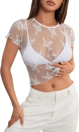 MEROKEETY 2025 Women's Mesh Sheer Lace Crop Top See Through Cap Sleeve Crewneck Summer Sexy Y2K Blouse Shirts