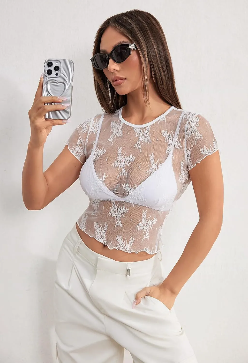MEROKEETY 2025 Women's Mesh Sheer Lace Crop Top See Through Cap Sleeve Crewneck Summer Sexy Y2K Blouse Shirts