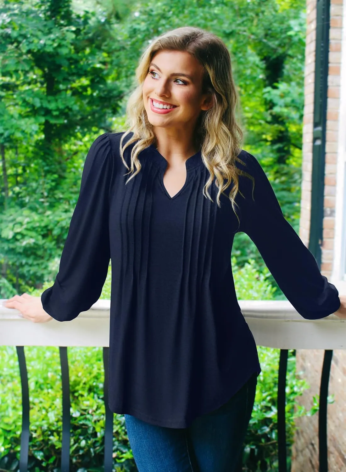 MIHOLL Women's V Neck Puff Long Sleeve T Shirts Pleated Casual Loose Tunic Blouse