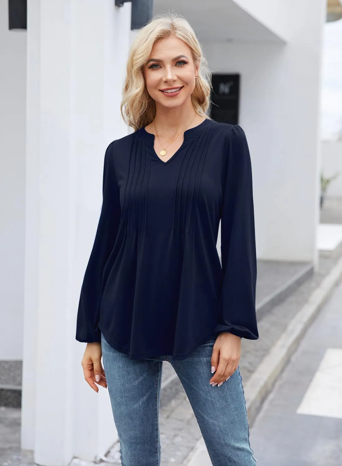 MIHOLL Women's V Neck Puff Long Sleeve T Shirts Pleated Casual Loose Tunic Blouse
