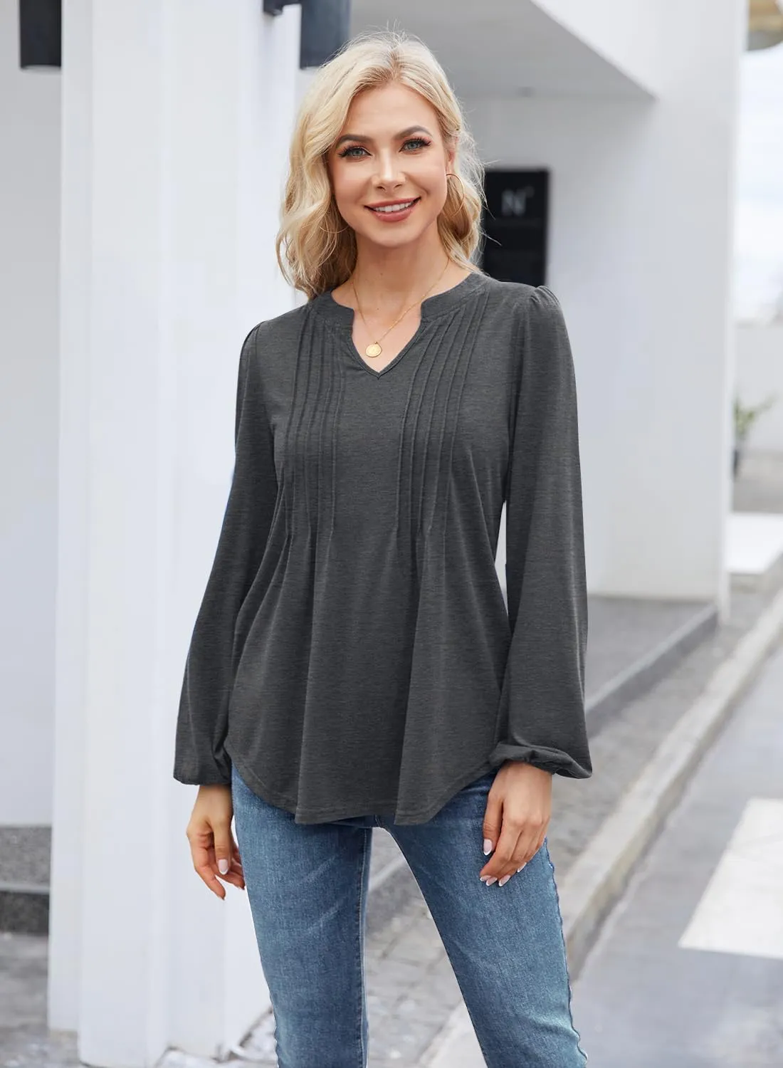 MIHOLL Women's V Neck Puff Long Sleeve T Shirts Pleated Casual Loose Tunic Blouse