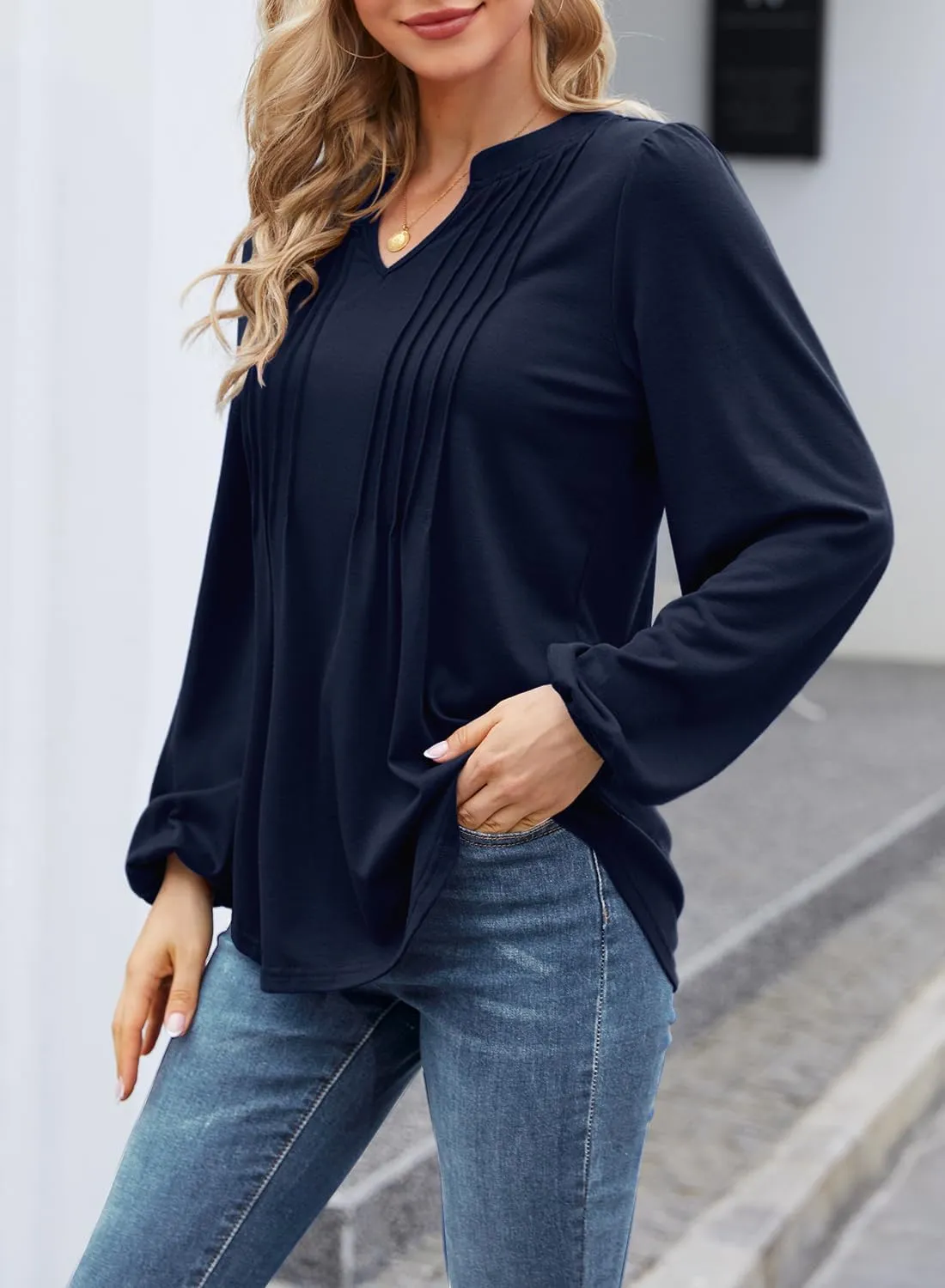 MIHOLL Women's V Neck Puff Long Sleeve T Shirts Pleated Casual Loose Tunic Blouse