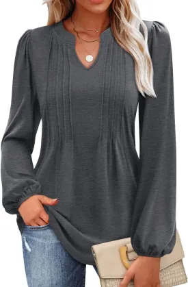 MIHOLL Women's V Neck Puff Long Sleeve T Shirts Pleated Casual Loose Tunic Blouse