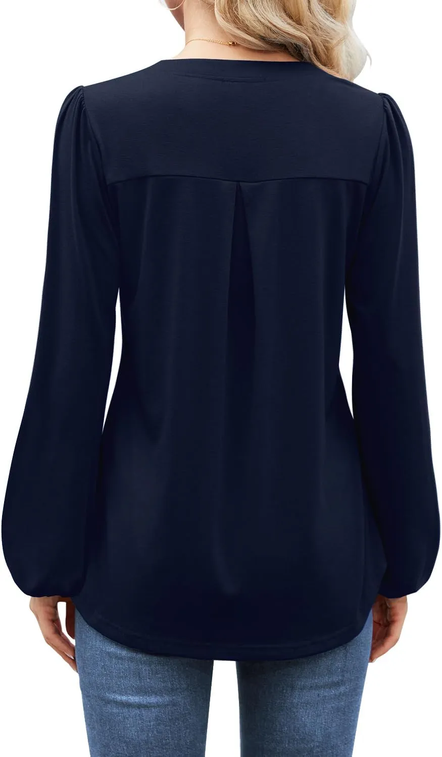 MIHOLL Women's V Neck Puff Long Sleeve T Shirts Pleated Casual Loose Tunic Blouse