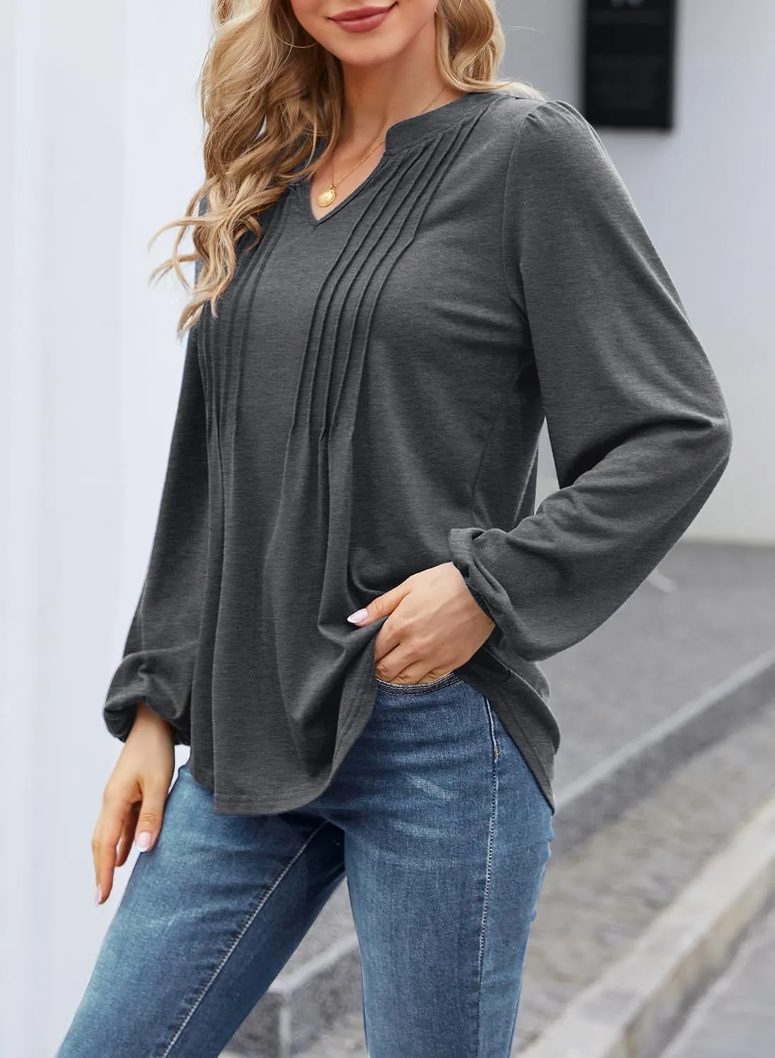 MIHOLL Women's V Neck Puff Long Sleeve T Shirts Pleated Casual Loose Tunic Blouse