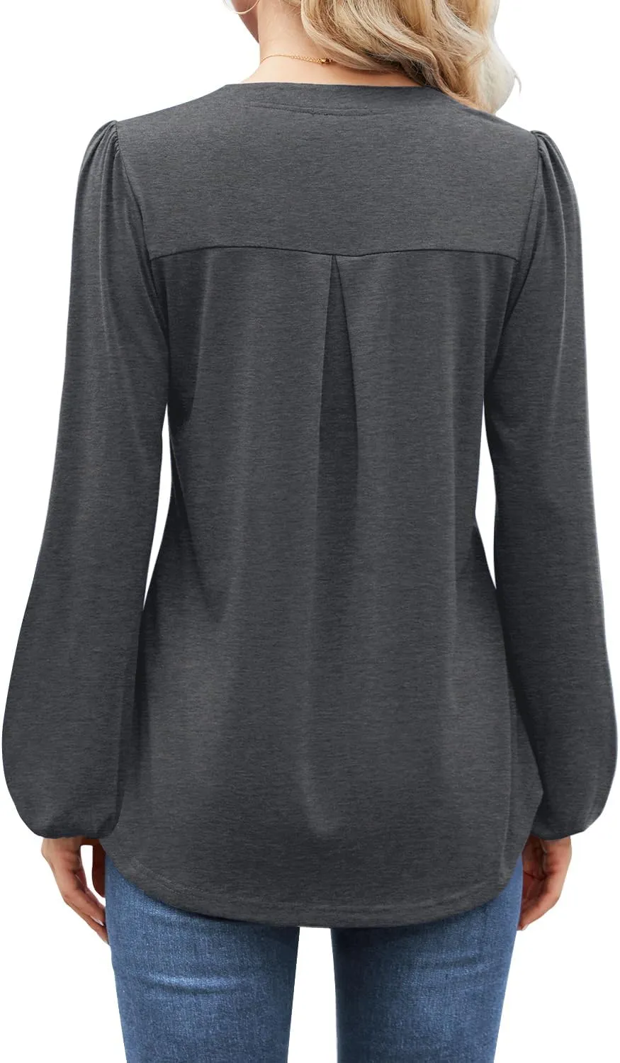 MIHOLL Women's V Neck Puff Long Sleeve T Shirts Pleated Casual Loose Tunic Blouse