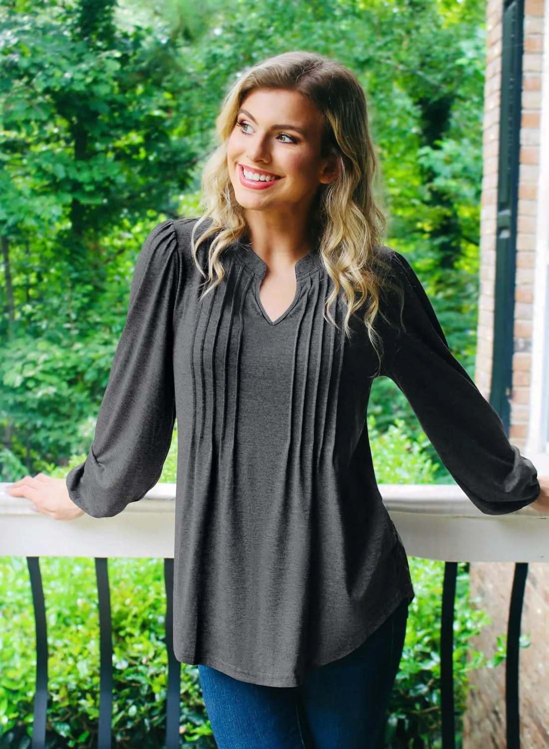 MIHOLL Women's V Neck Puff Long Sleeve T Shirts Pleated Casual Loose Tunic Blouse