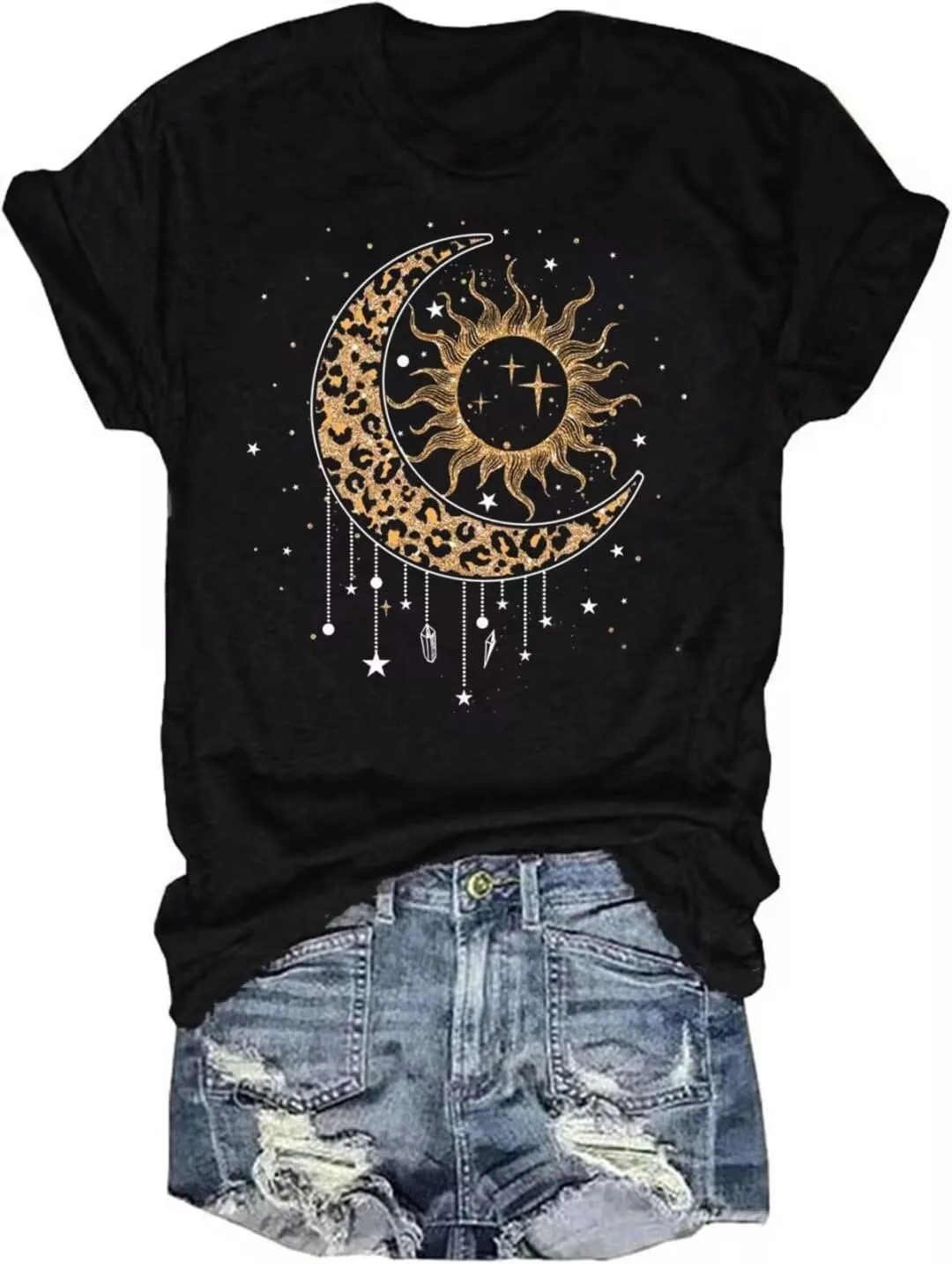 Moon and Sun Shirts for Women Vintage Graphic Tshirt Mountain Hiking Short Sleeve Tees Vacation Funny Shirt