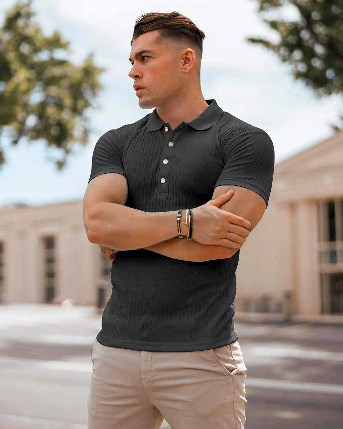 Muscle Polo Shirts for Men Short Sleeve Slim Fit Golf Shirts for Men Casual Dry Fit T Shirts Ribbed Knit Bowling Shirts