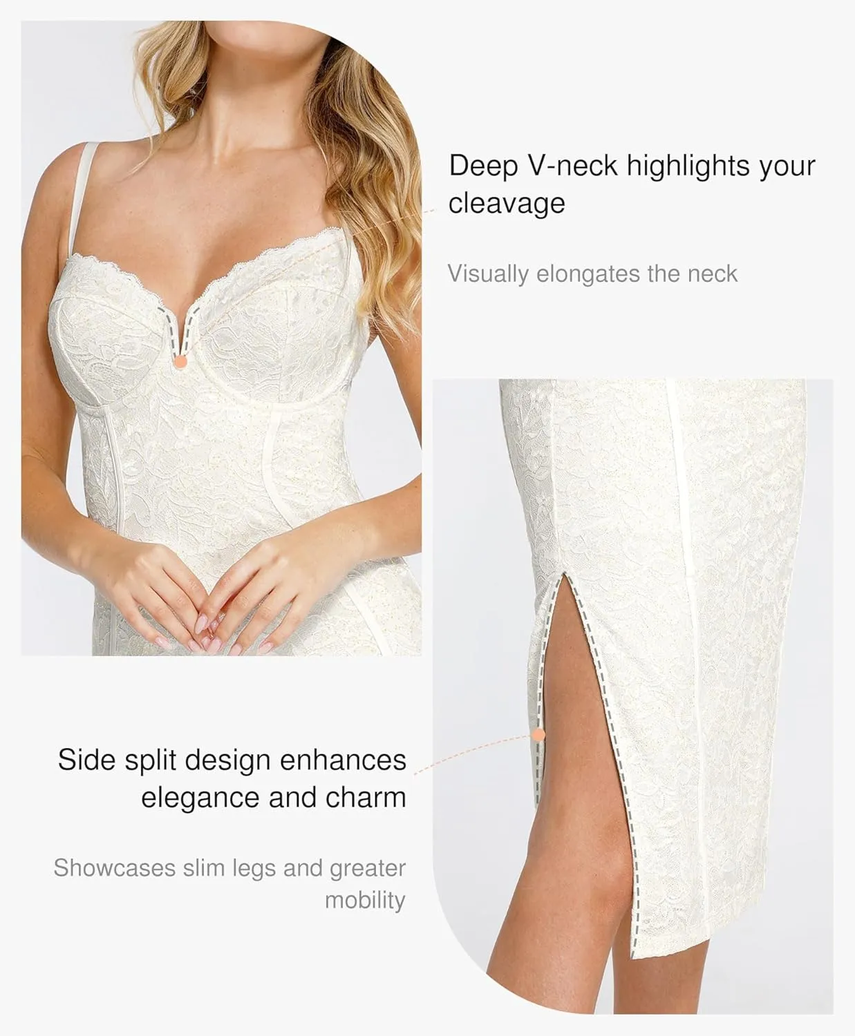 Popilush Lace Cocktail Dresses for Women - Formal Party Corset Shapewear Dress Deep V Neck Midi Dress with Side Slit