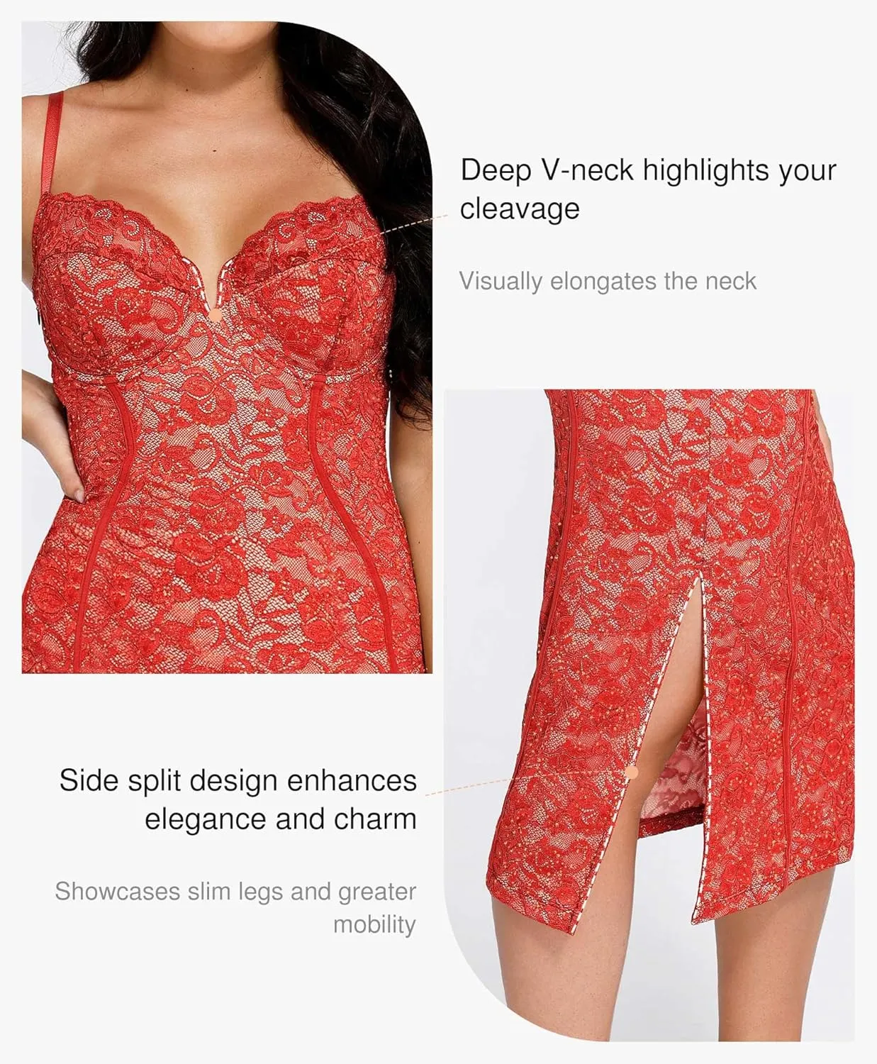 Popilush Lace Cocktail Dresses for Women - Formal Party Corset Shapewear Dress Deep V Neck Midi Dress with Side Slit