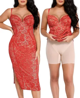 Popilush Lace Cocktail Dresses for Women - Formal Party Corset Shapewear Dress Deep V Neck Midi Dress with Side Slit