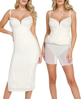 Popilush Lace Cocktail Dresses for Women - Formal Party Corset Shapewear Dress Deep V Neck Midi Dress with Side Slit