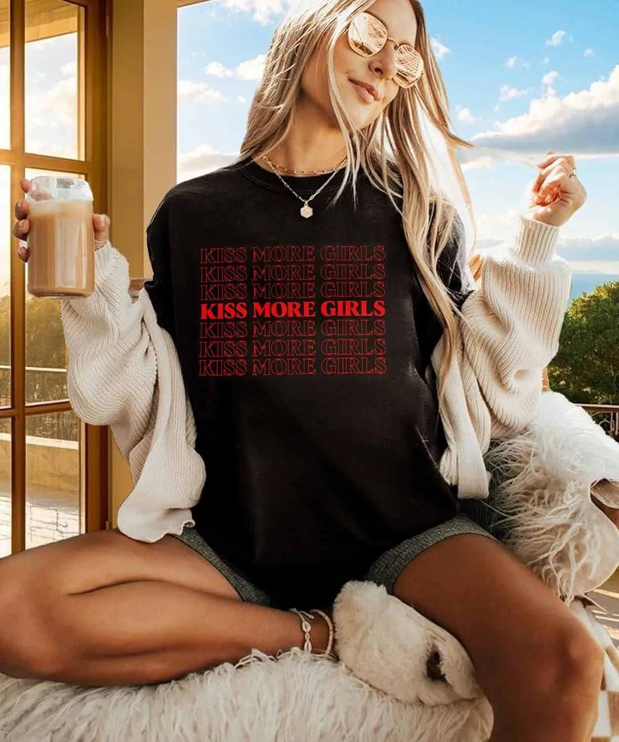Pride Shirts for Women Kiss More Girls Graphic Shirts LGBT Equality Oversize Graphic Tee Shirt