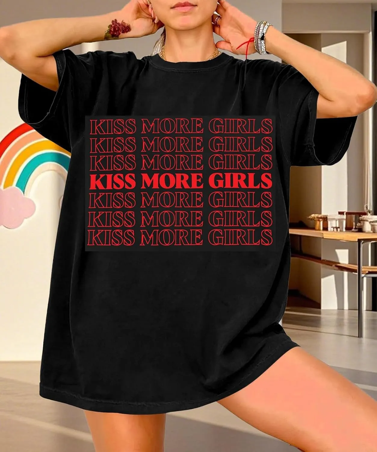 Pride Shirts for Women Kiss More Girls Graphic Shirts LGBT Equality Oversize Graphic Tee Shirt