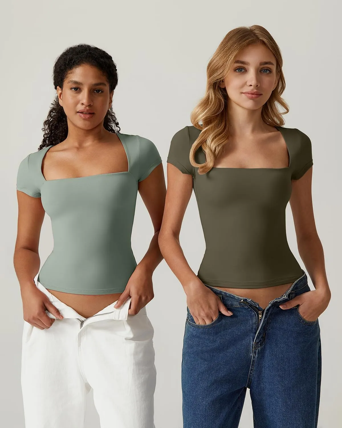 QINSEN Women's Square Neck Short Sleeve T Shirts Double Lined Basic Tee Slim Fit Tops
