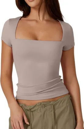 QINSEN Women's Square Neck Short Sleeve T Shirts Double Lined Basic Tee Slim Fit Tops