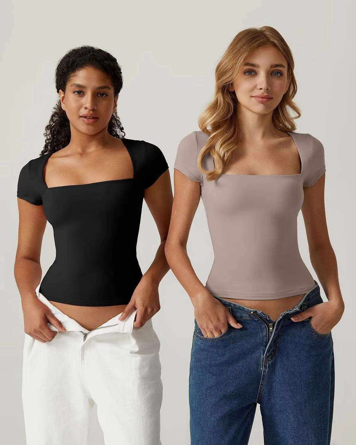 QINSEN Women's Square Neck Short Sleeve T Shirts Double Lined Basic Tee Slim Fit Tops