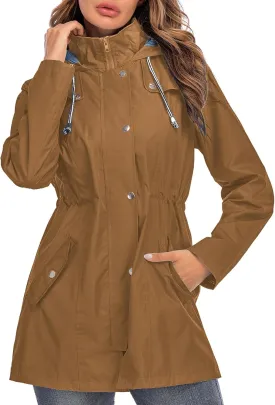 Rain Jacket Women Striped Lined Hooded Lightweight Raincoat Outdoor Waterproof Windbreaker