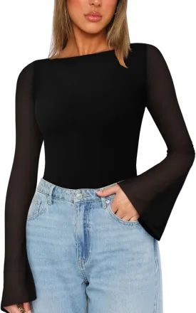REORIA Women's Trendy Sexy Boat Neck Bell Sleeve Sheer Mesh Going Out Bodysuit Tops