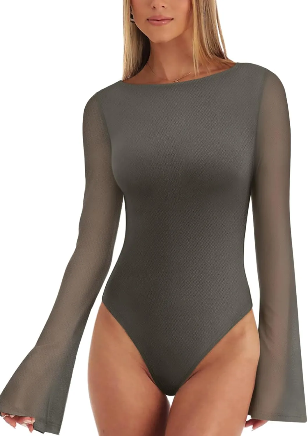 REORIA Women's Trendy Sexy Boat Neck Bell Sleeve Sheer Mesh Going Out Bodysuit Tops