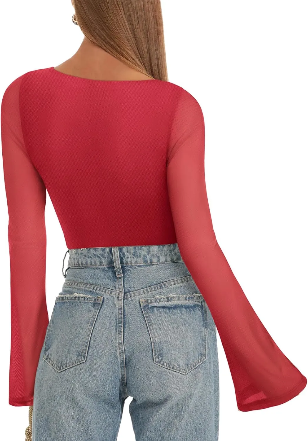 REORIA Women's Trendy Sexy Boat Neck Bell Sleeve Sheer Mesh Going Out Bodysuit Tops