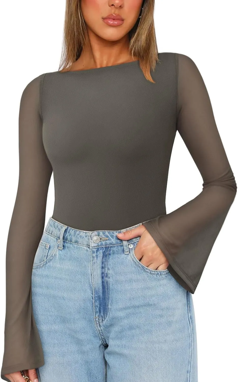 REORIA Women's Trendy Sexy Boat Neck Bell Sleeve Sheer Mesh Going Out Bodysuit Tops