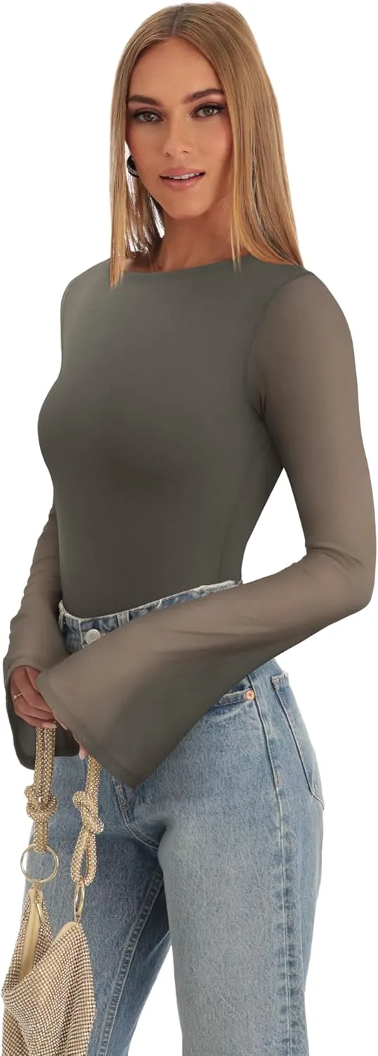 REORIA Women's Trendy Sexy Boat Neck Bell Sleeve Sheer Mesh Going Out Bodysuit Tops