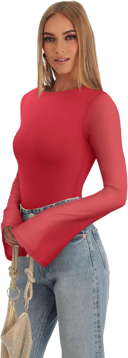REORIA Women's Trendy Sexy Boat Neck Bell Sleeve Sheer Mesh Going Out Bodysuit Tops