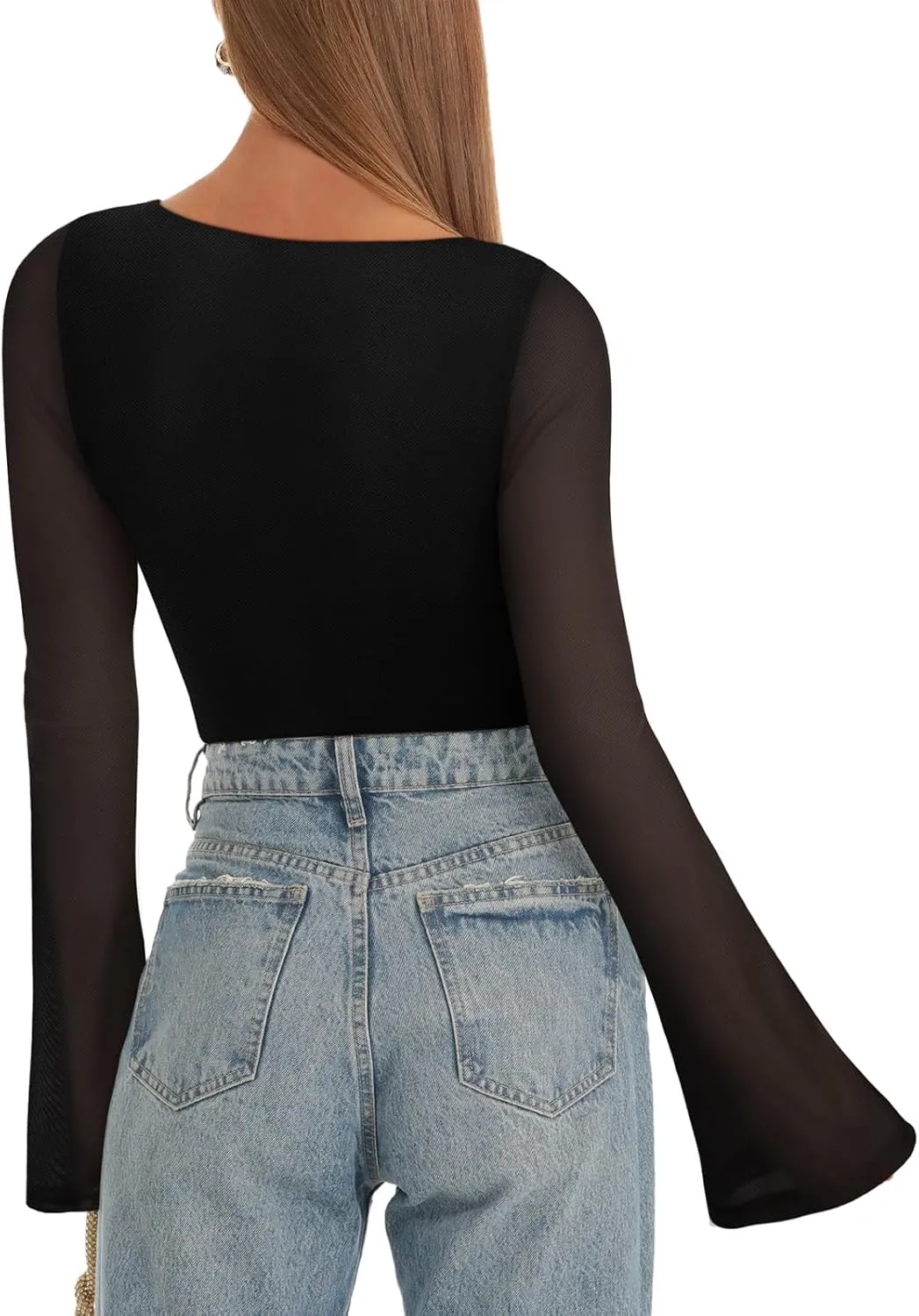 REORIA Women's Trendy Sexy Boat Neck Bell Sleeve Sheer Mesh Going Out Bodysuit Tops