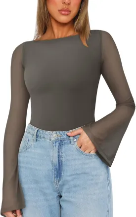 REORIA Women's Trendy Sexy Boat Neck Bell Sleeve Sheer Mesh Going Out Bodysuit Tops