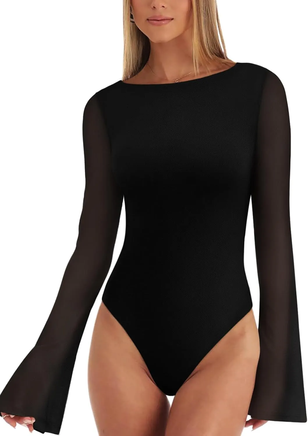 REORIA Women's Trendy Sexy Boat Neck Bell Sleeve Sheer Mesh Going Out Bodysuit Tops